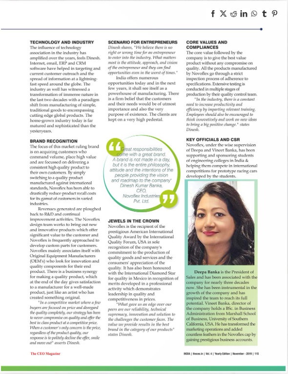 CEO Magazine- Brand of the year in “Plastic Component solutions” Category