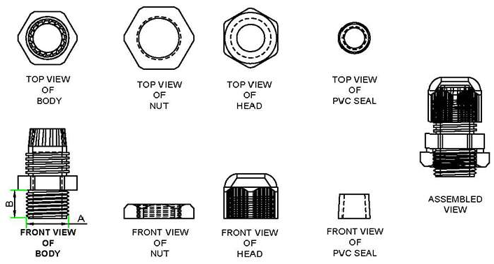 Fire Retardant PG Thread Cable Gland technical drawing