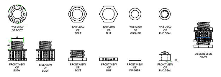 Hexagonal Metric Thread Nylon Cable Gland technical drawing